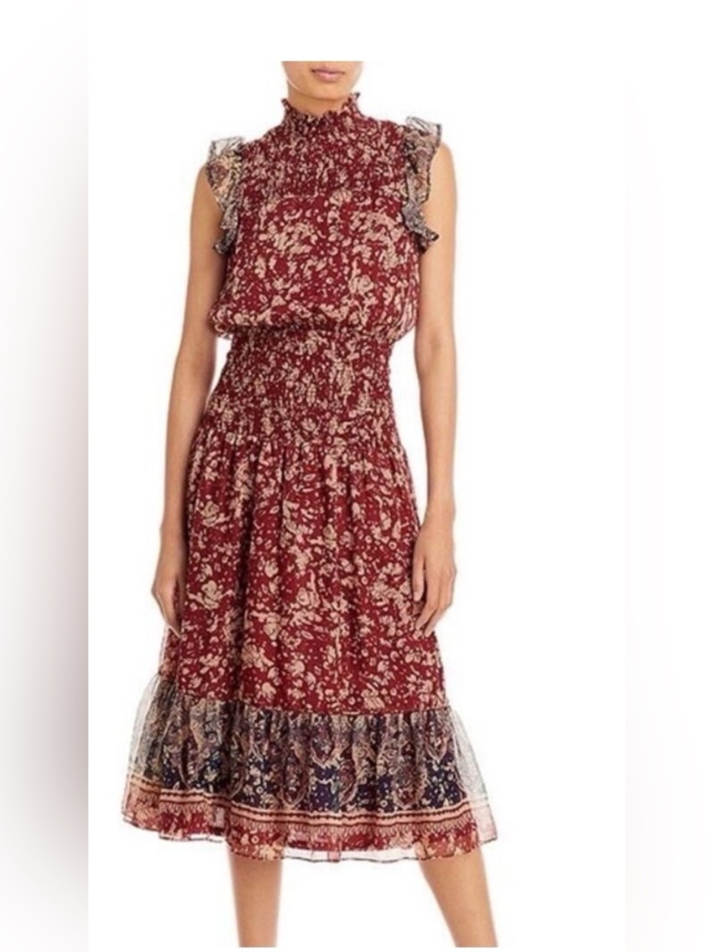 Aqua Red Floral Smocked Midi Dress with Contrast Hem